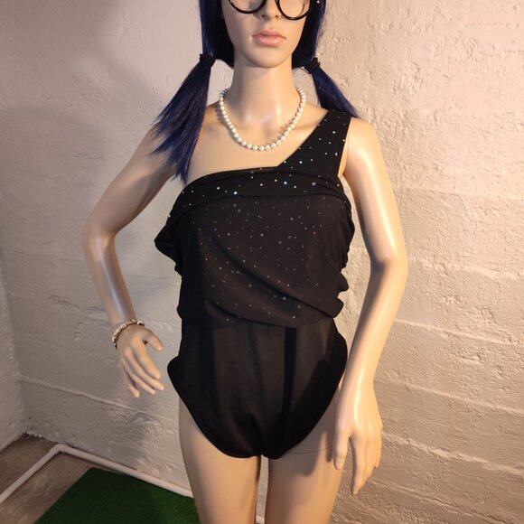 Shein Black One Shoulder Sheer Sequin Diamonds Over-lay Dress Bodysuit Size L - Picture 6 of 11